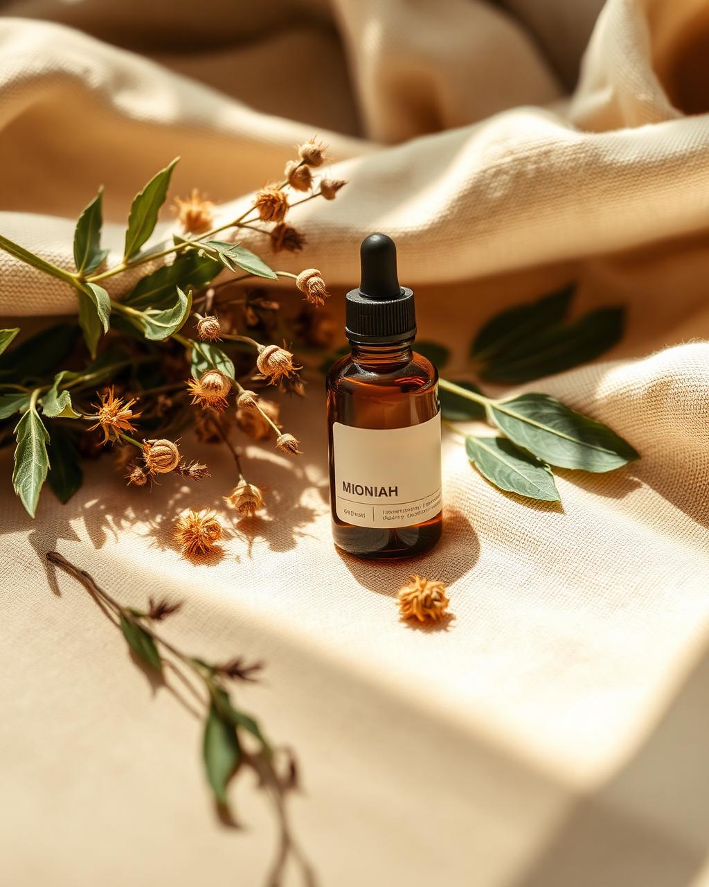 Dried botanicals and a homeopathy remedy bottle resting on warm linen in soft morning light
